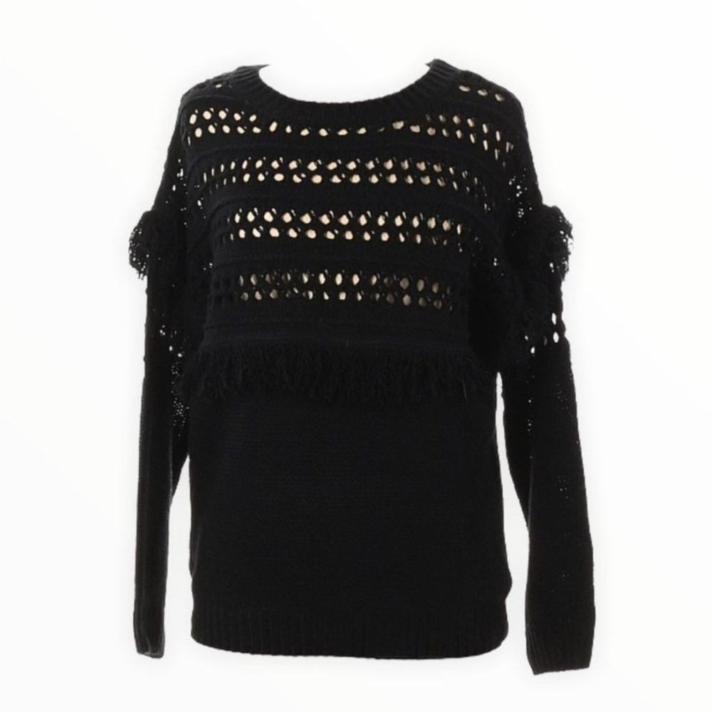 J.O.A. Sweater Womens Medium Black Fringe Open‎ Knit Long Sleeve Crew Neck Party